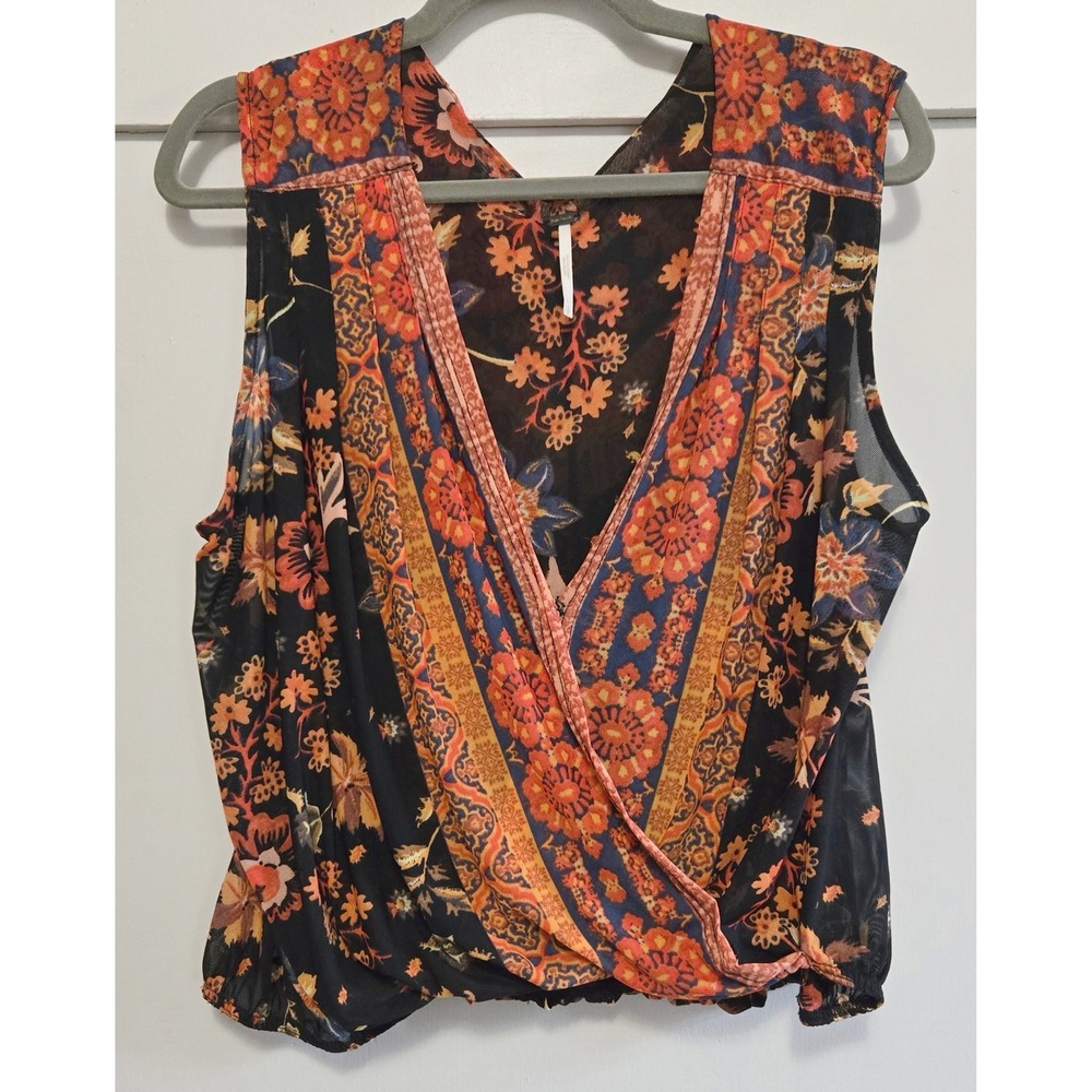 Free People Boho Chic Mesh Floral Faux Wrap Tank Top Cottage Orange Blue Black S